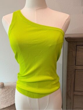 Zara Women's Lime Green One Shoulder Ribbed Top Size Small